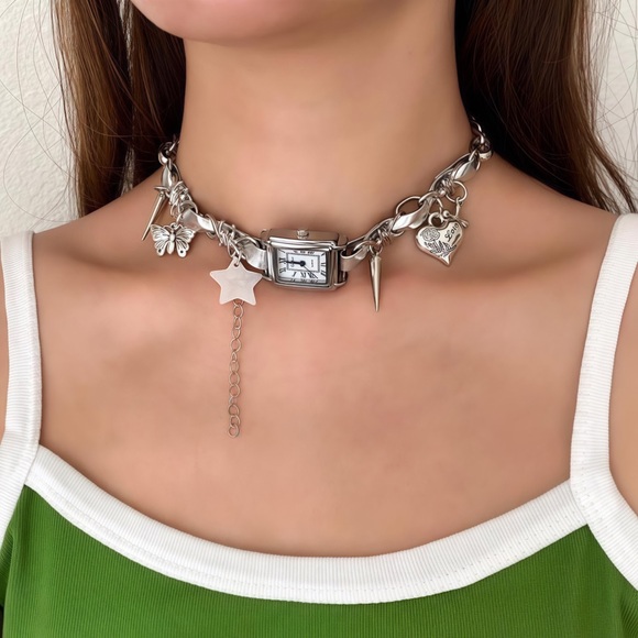 Y2K Silver Watch Clock Choker Metal butterfly star heart whimsical Necklace - Picture 1 of 6